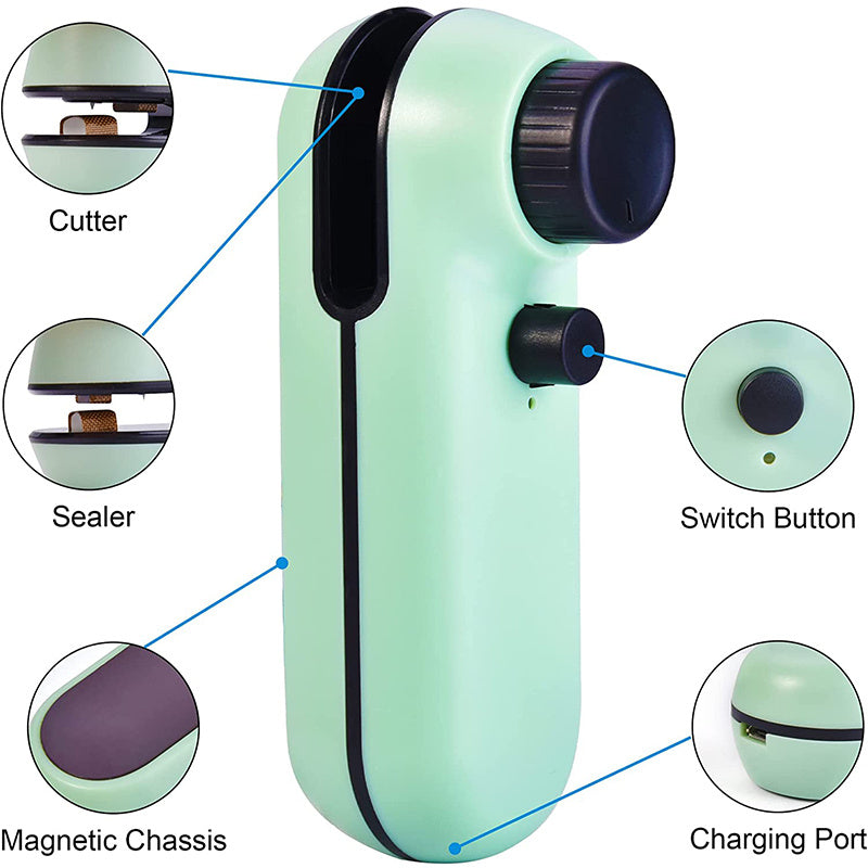 Scelleuse de sacs, mini scelleuse de sacs 2 en 1 rechargeable et coupante, mini scelleuse de sacs à puces thermoscellante avec thermoscelleuse portable magnétique douce avec câble USB rechargeable machine de scellage de sacs alimentaires