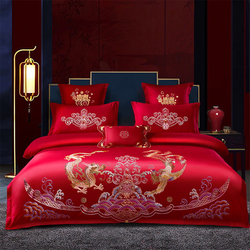 Ensemble de quatre pièces de mariage rouge, vente en gros, literie brodée en coton pur, lit de mariage Xi, housse de couette Dragon et phénix