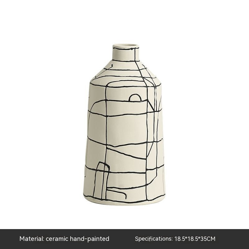 Italian Minimalist Hand-painted Line Narrow Opening Ceramic Vase