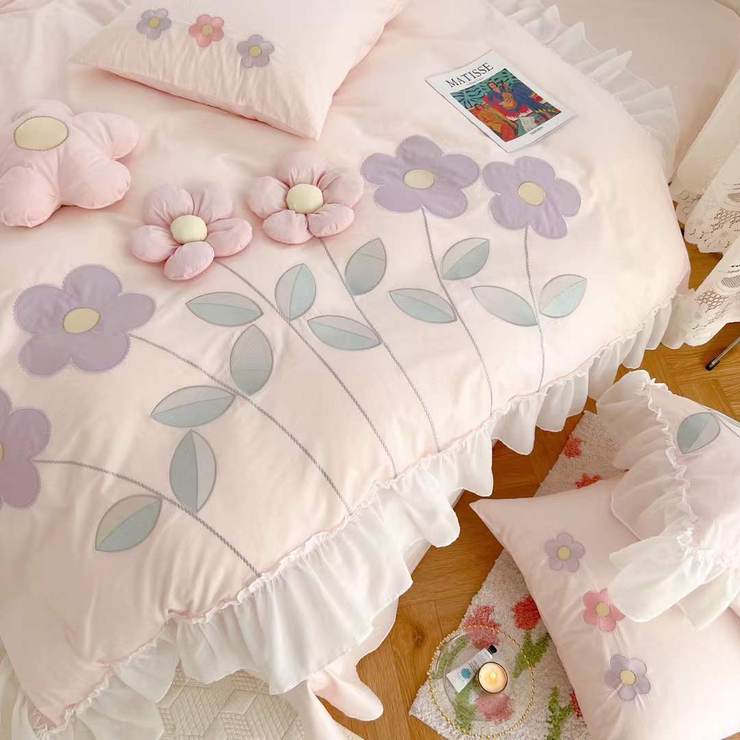 Housse de couette en coton, drap de lit, broderie florale tridimensionnelle, quatre pièces