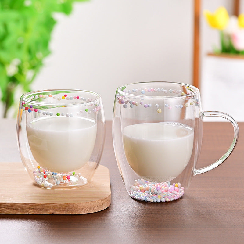 Taza de vidrio de doble capa con arena movediza y flores secas, leche y café creativo para el hogar