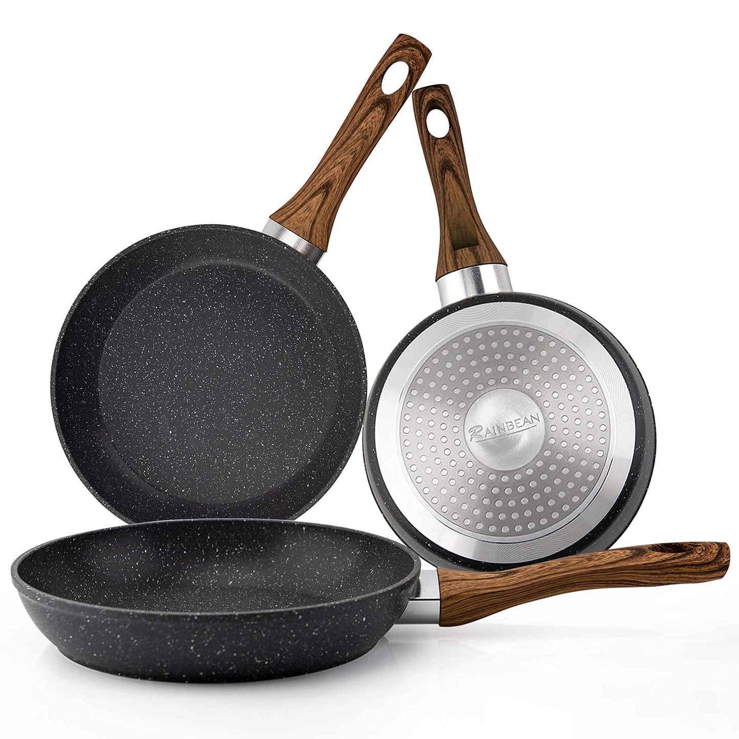 Ensemble de poêles à frire 3 pièces, casseroles antiadhésives, woks, batterie de cuisine, conception ergonomique résistante à la chaleur, poignée en bakélite effet bois, sans PFOA