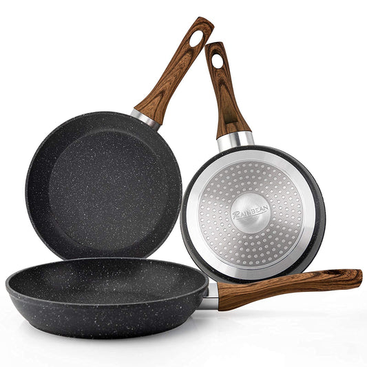 Juego de sartenes de 3 piezas, cacerola antiadherente, juego de utensilios de cocina Woks, diseño de mango de baquelita con efecto de madera ergonómico resistente al calor, sin PFOA