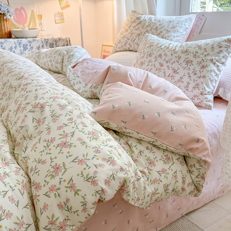 Juego de ropa de cama floral pequeña y sencilla de algodón de cuatro piezas