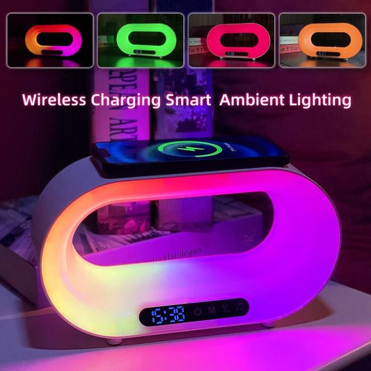 Veilleuse LED multifonction 3 en 1, contrôle par application, lampe de bureau d'ambiance RGB, chargeur sans fil intelligent multifonctionnel, réveil