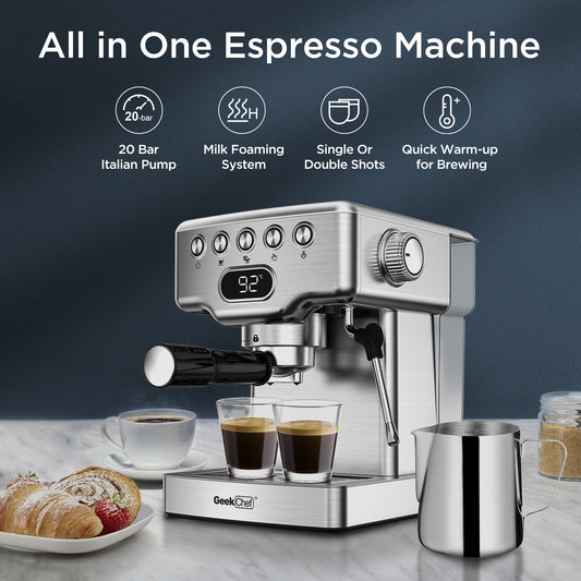 Máquina de café expreso Geek Chef, máquina de café expreso de 20 bares con espumador de leche para café con leche, capuchino, macchiato, para cafetera de café expreso casera, tanque de agua de 1,8 l, acero inoxidable, Ban On Amazon