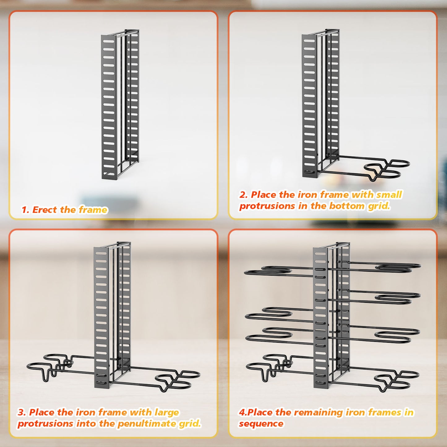 Organisateur de casseroles et poêles, supports de couvercles de casseroles et support de casseroles, plusieurs méthodes de bricolage, supports de casseroles à 8 niveaux, organisation et rangement de cuisine réglables pour casseroles et poêles. 