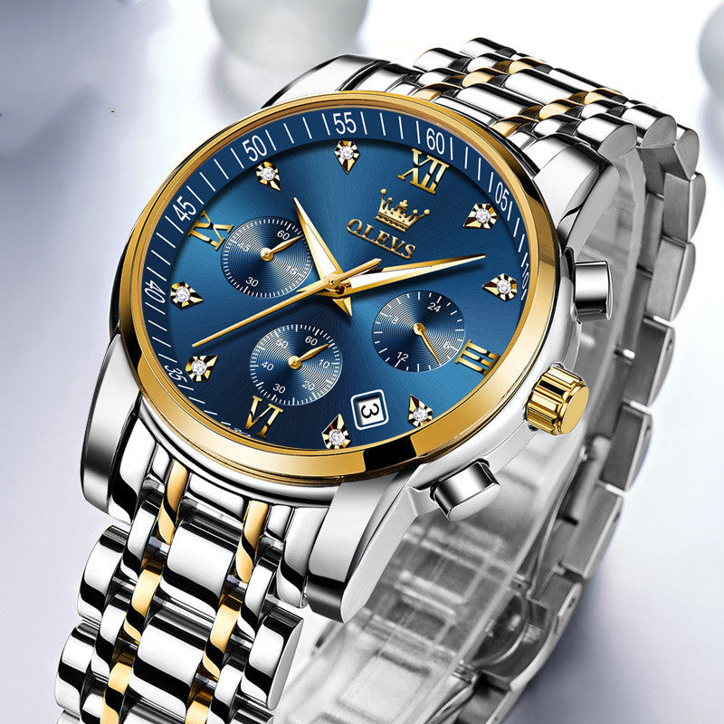 Relojes de marca de lujo para hombre, cronógrafo de acero inoxidable, relojes de pulsera de cuarzo resistentes al agua, reloj con fecha para hombre, esfera azul, reloj Masculino