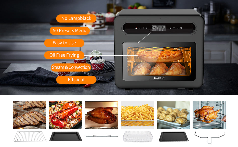 Geek Chef Steam Air Fryer Toast Oven Combo, comptoir de four à convection à vapeur de 26 QT, 50 préréglages de cuisson, avec 6 tranches de pain grillé, pizza 12 po, acier inoxydable noir. Interdit de référencement sur Amazon