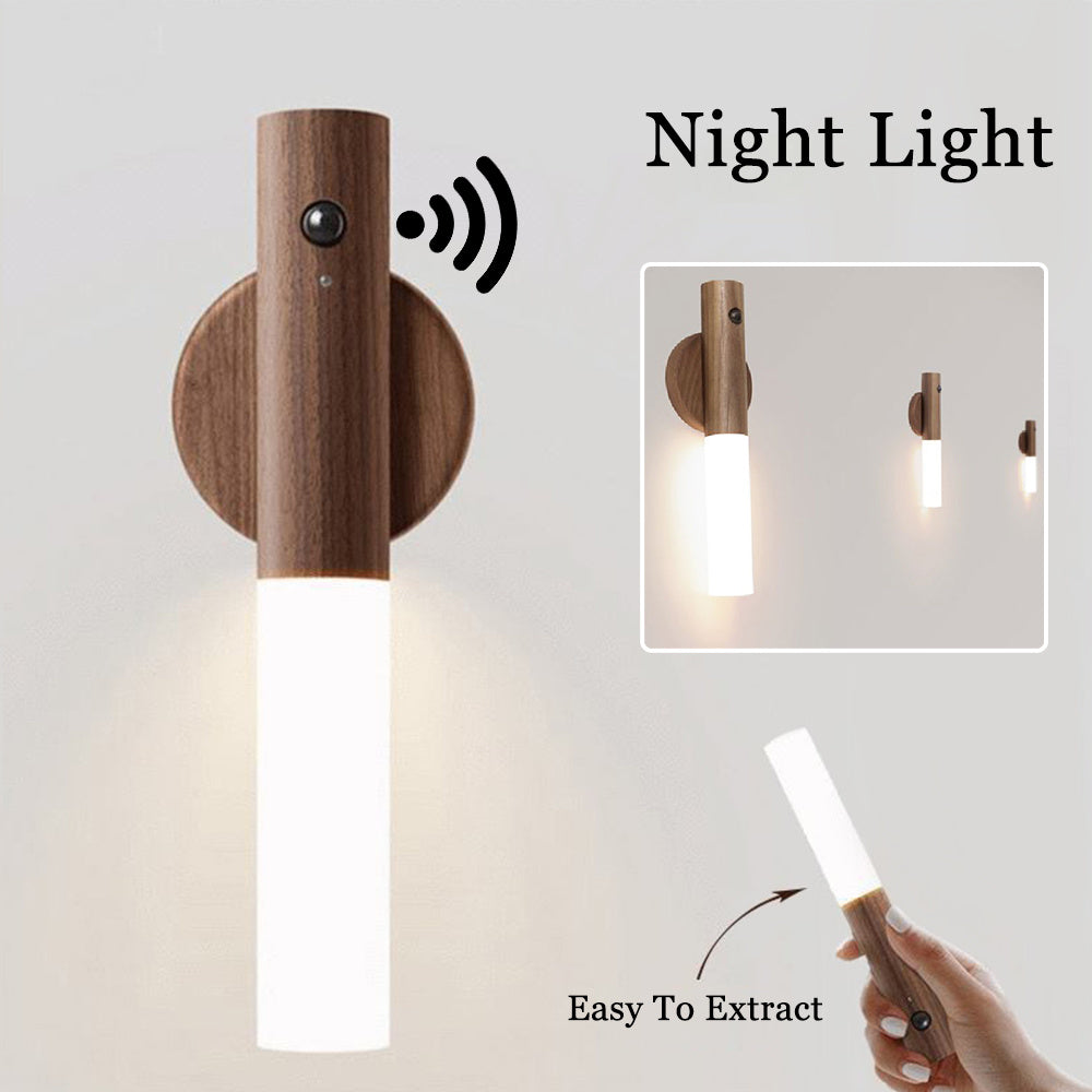 Luz LED automática USB magnética de madera para pasillos, luces de porche, Sensor de movimiento PIR, lámpara de pared para gabinete