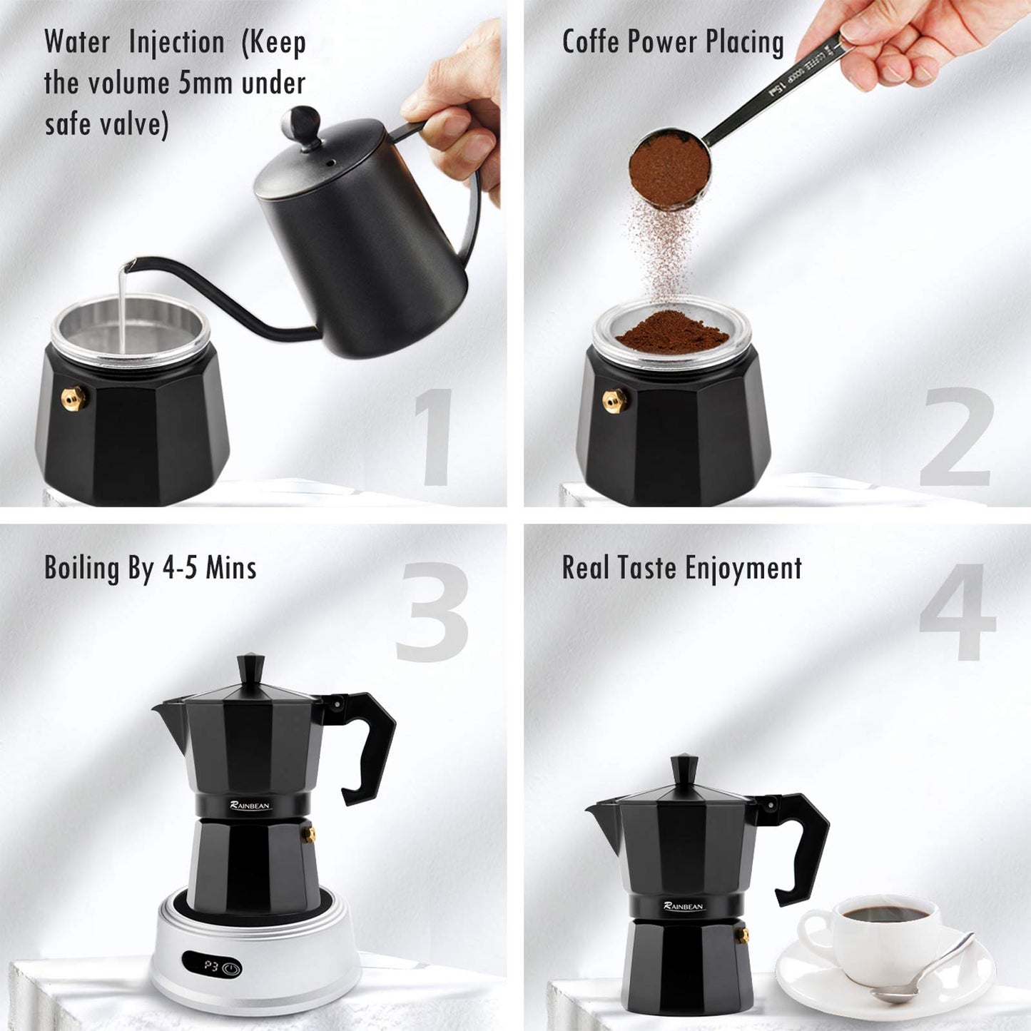 Cafetera espresso para estufa Taza de espresso Moka Pot Cafetera clásica Cafetera percoladora Espresso italiano para gas o eléctrico Aluminio Negro Paquete de regalo con 2 tazas Plataforma Amazon prohibida