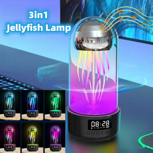 Lámpara creativa 3 en 1 de medusas coloridas con reloj, luz de respiración estéreo portátil luminosa, decoración inteligente, Altavoz Bluetooth