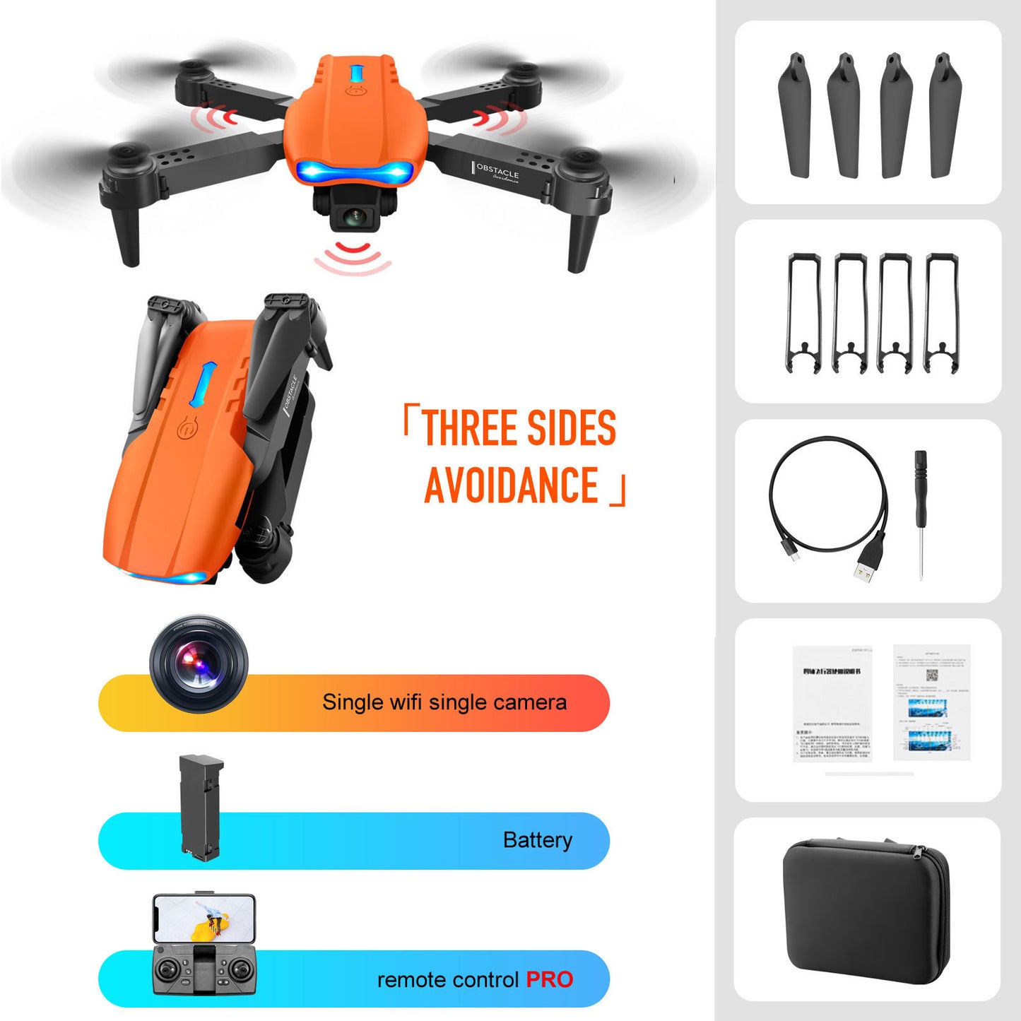 Drone d'évitement d'obstacles à trois côtés télécommandé à double caméra 4K