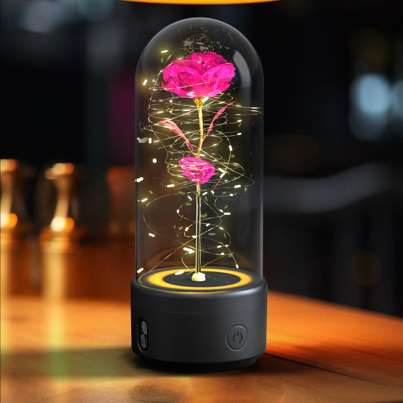 Creativo 2 en 1 Flores de rosas Luz LED y Altavoz Bluetooth Regalo del día de San Valentín Adorno de luz nocturna luminosa rosa en cubierta de vidrio