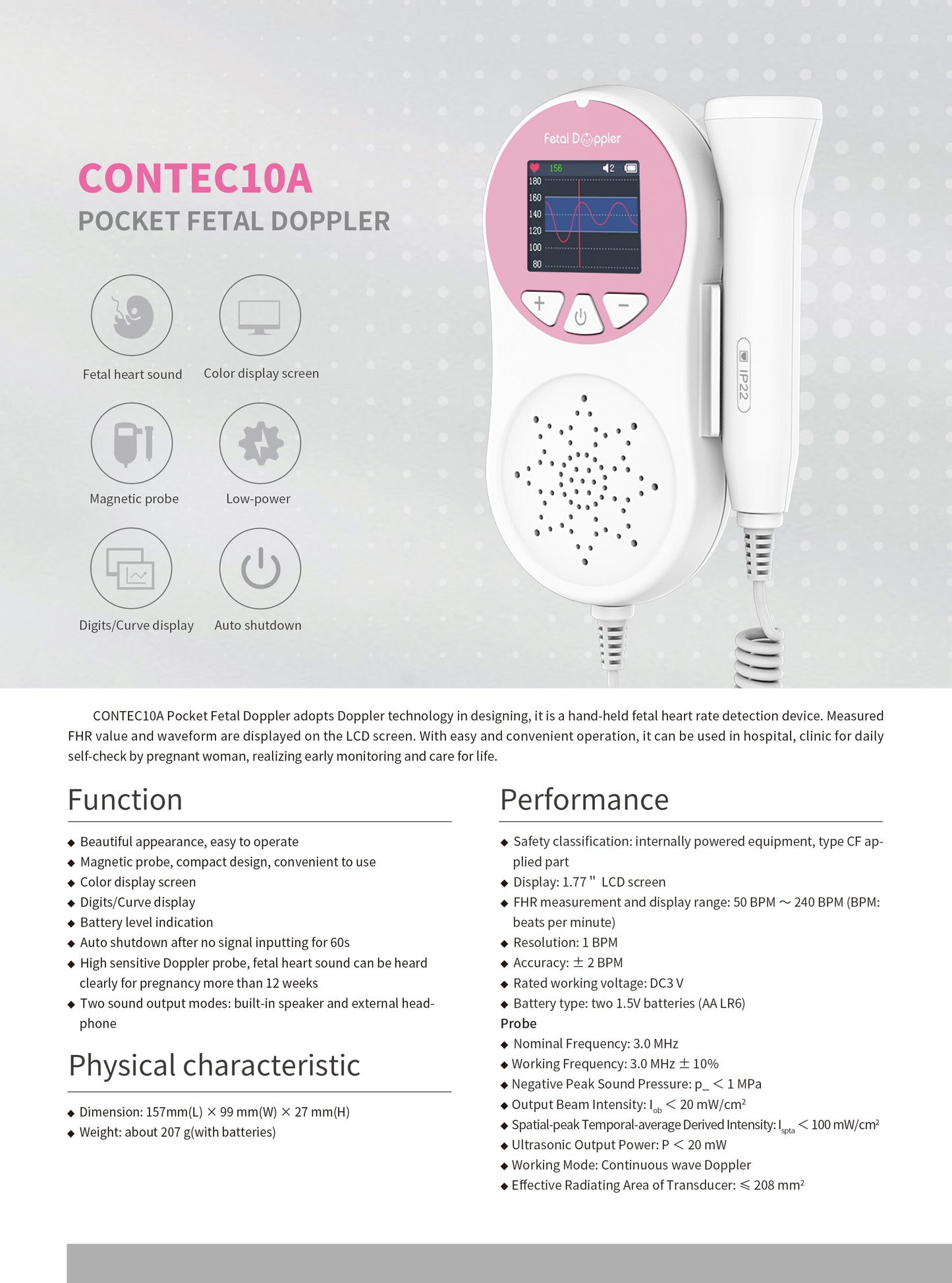 Monitor de frecuencia cardíaca para bebé, pantalla curva de dígitos Doppler fetal de bolsillo, 3Mhz, color rosa