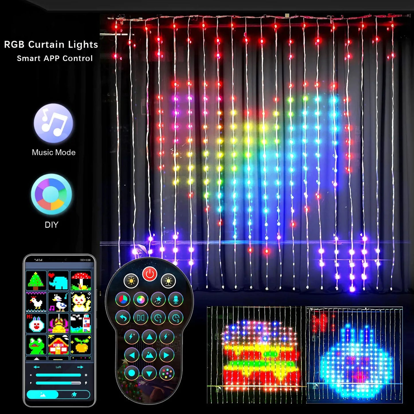 Guirlande lumineuse rideau LED intelligente RGB, contrôle par application Bluetooth, guirlande lumineuse féerique de noël, bricolage, affichage d'images, décor de fête de mariage