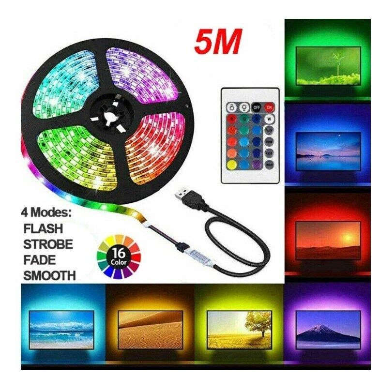 Tira de luz LED USB 2-5M RGB Color 5050 cambio de color con iluminación de cocina de TV