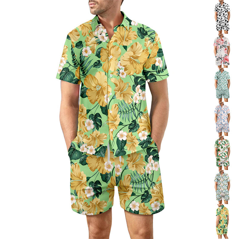 Ensemble 2 pièces chemise de plage imprimée costume d'été haut à revers ample boutonné et poches à cordon short décontracté à manches courtes costumes pour hommes vêtements