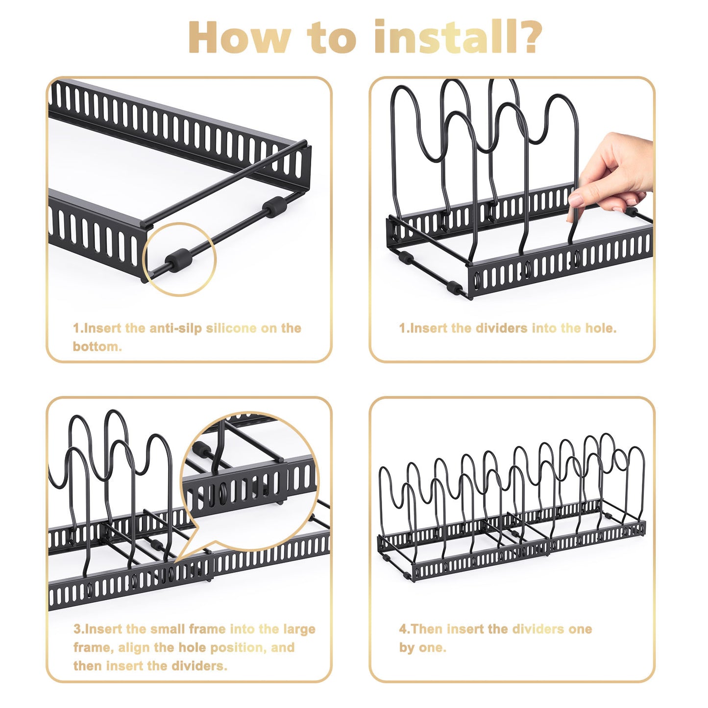 Support de rangement extensible pour casseroles, support de couvercle de casserole et de poêle avec 10 séparateurs réglables, rangement de couvercle de casserole pour ustensiles de cuisson, noir 