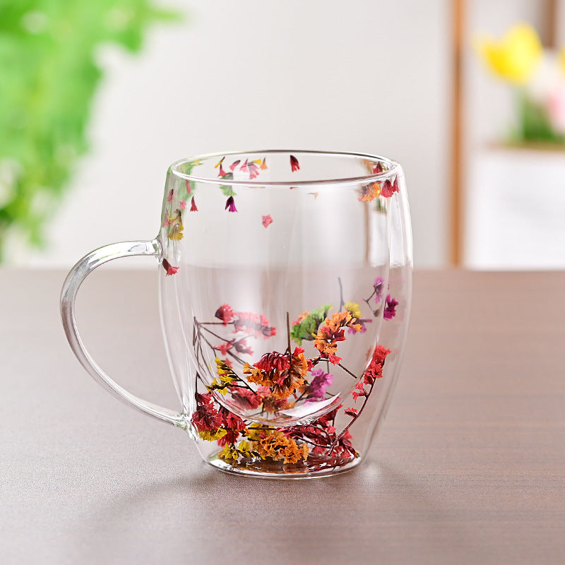 Taza de vidrio de doble capa con arena movediza y flores secas, leche y café creativo para el hogar