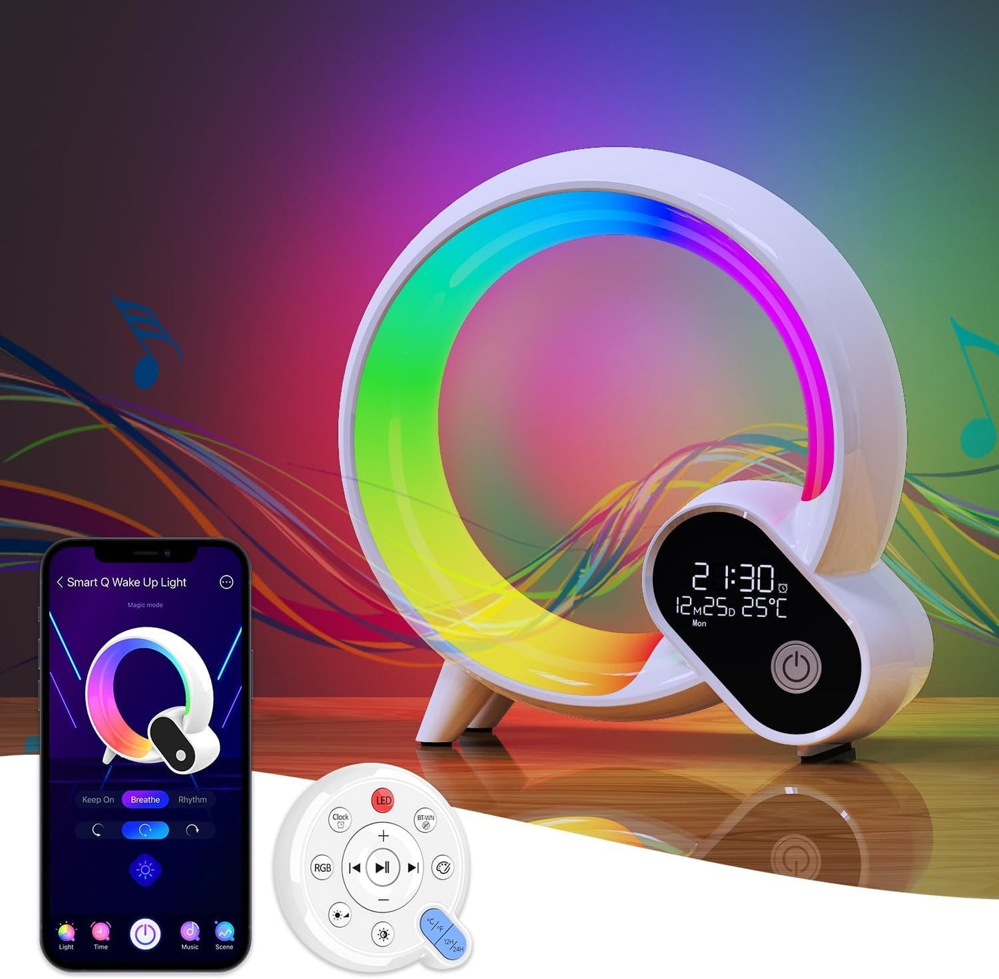 Creative Q Light Analog Sunrise Digital Display Alarm Clock Bluetooth Audio Intelligent Wake-up Q Colorful Atmosphere Light