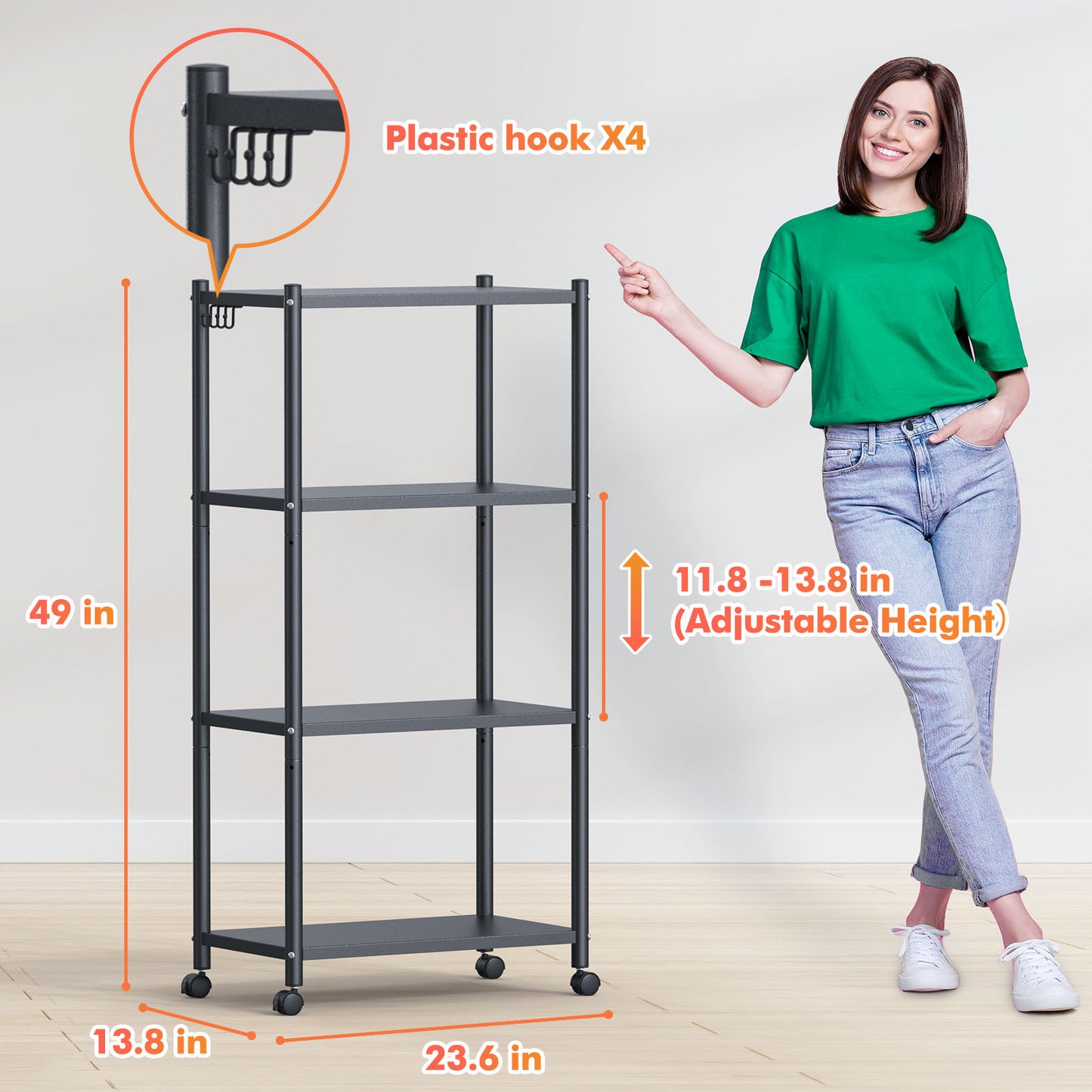 Ambitelligence Support de boulanger de cuisine, support de boulanger robuste à 4 niveaux, étagère de rangement de cuisine sur pied réglable en hauteur avec roues et pieds, support de four à micro-ondes en métal industriel noir