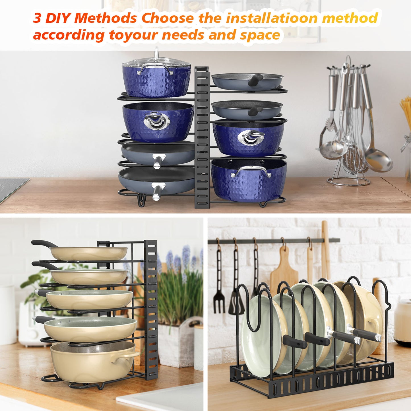 Organisateur de casseroles et poêles, supports de couvercles de casseroles et support de casseroles, plusieurs méthodes de bricolage, supports de casseroles à 8 niveaux, organisation et rangement de cuisine réglables pour casseroles et poêles. 