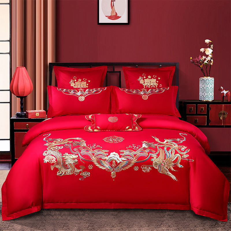 Ensemble de quatre pièces de mariage rouge, vente en gros, literie brodée en coton pur, lit de mariage Xi, housse de couette Dragon et phénix