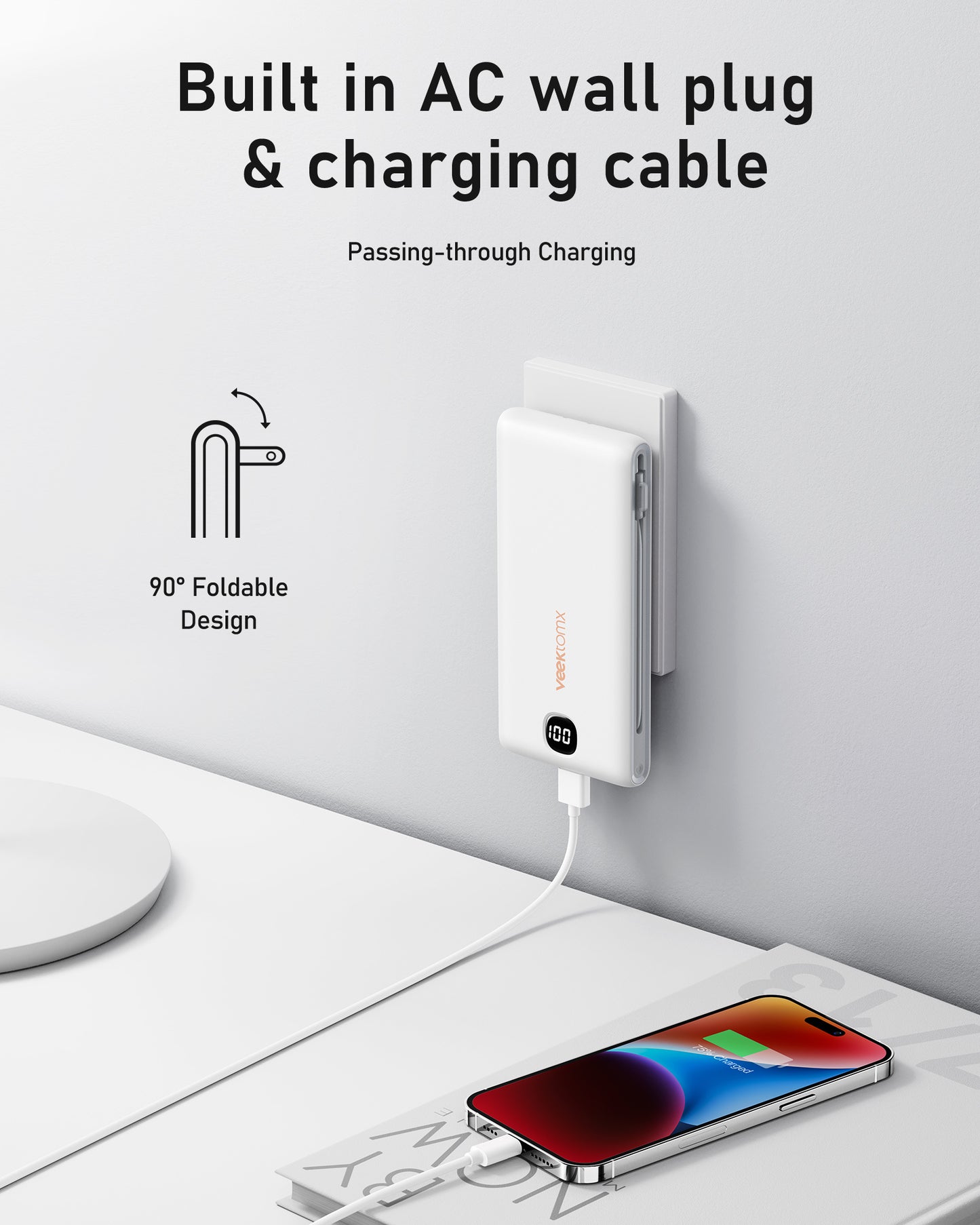 Banque d'alimentation avec câbles intégrés 10 000 mAh, chargeur portable avec prise murale CA intégrée, chargeur mince USB C à charge rapide avec affichage LED Com