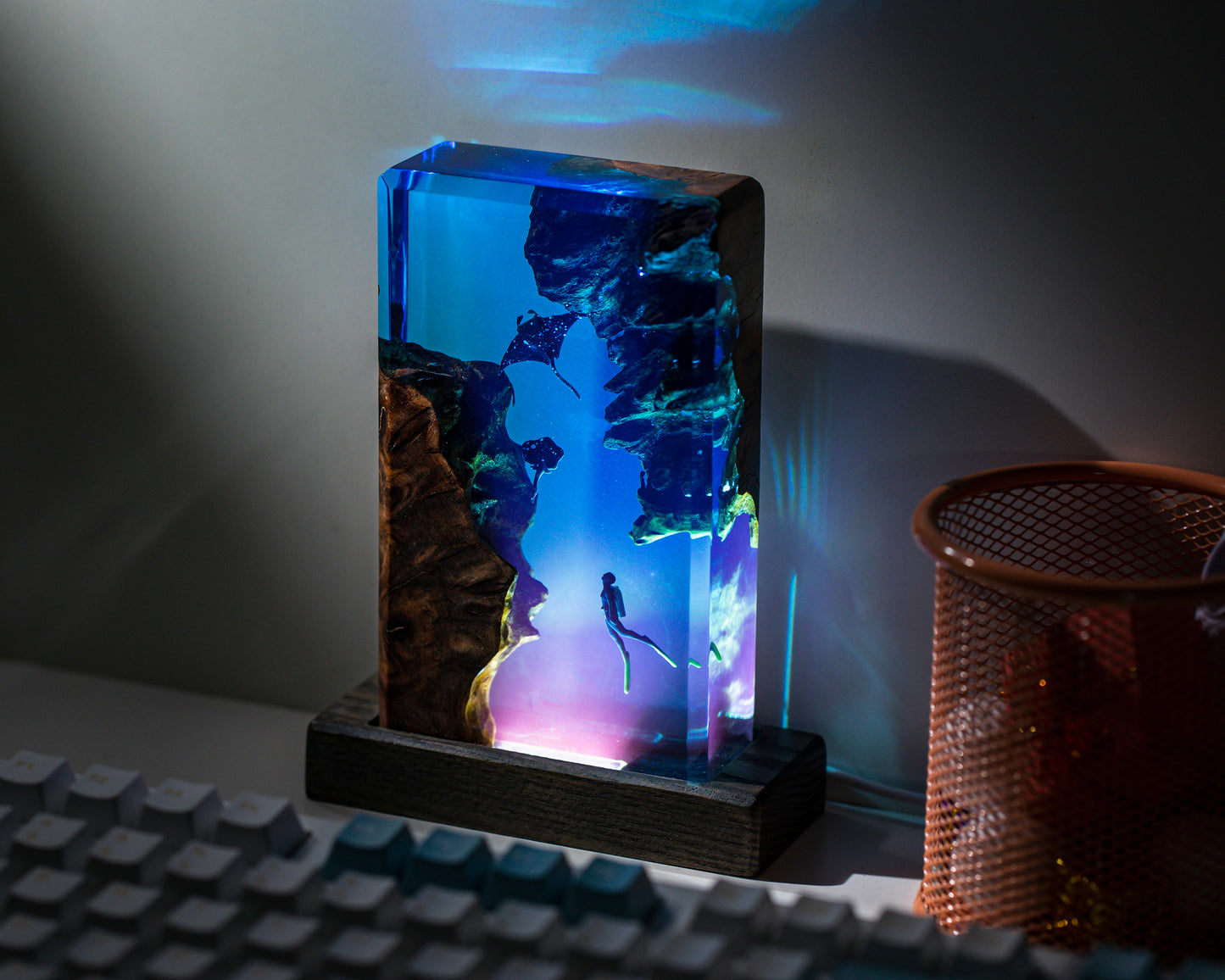 Square Wood Resin Ocean Small Night Lamp