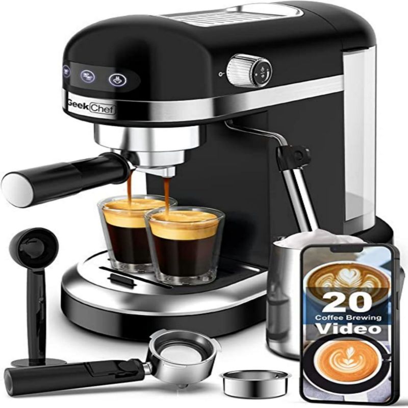 Máquina de café expreso de 20 barras, 1350 W, alto rendimiento, 1,4 L, tanque de agua transparente desmontable, sistema de batido de bloque térmico, prohíbe las ventas de Amazon