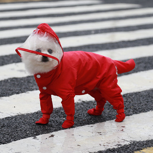 El impermeable impermeable todo en uno de cuatro patas para mascotas viene con zapatos para la lluvia