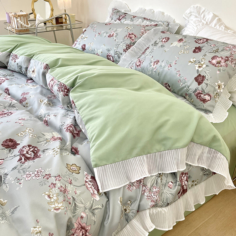 Washed Cotton Small Floral Quilt Cover, Four Piece Bed Sheet Set