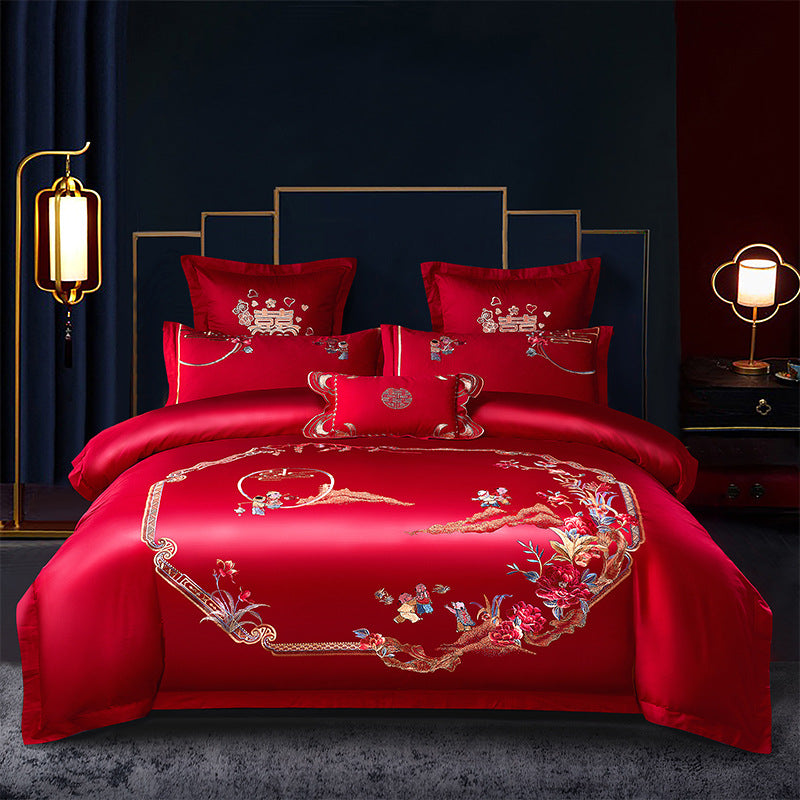 Ensemble de quatre pièces de mariage rouge, vente en gros, literie brodée en coton pur, lit de mariage Xi, housse de couette Dragon et phénix