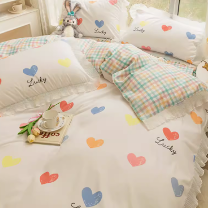 Juego de cama floral estilo princesa de cuatro piezas con encaje verde