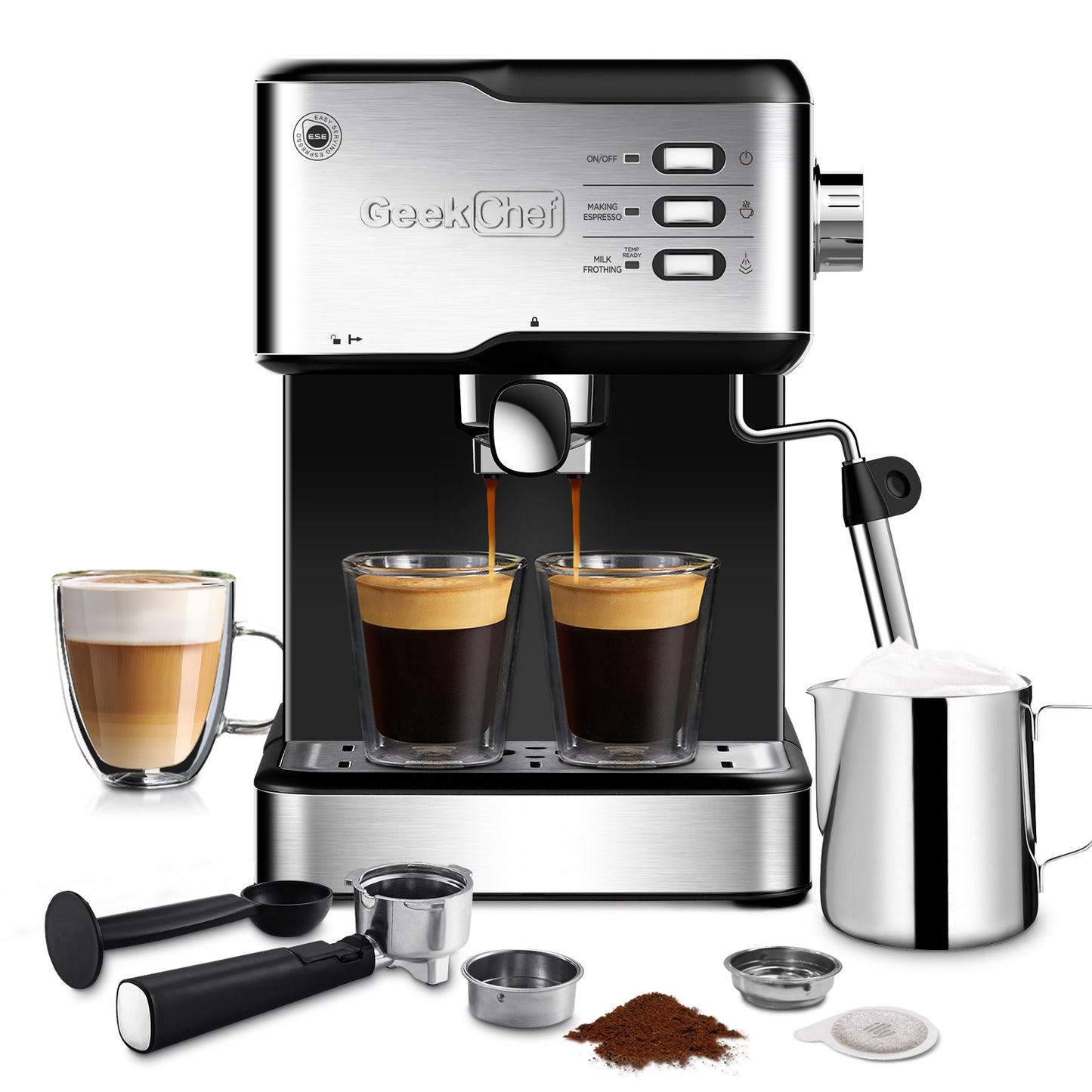 Machine à expresso Geek Chef, machine à expresso et cappuccino latte, machine à café 20 bars compatible avec les capsules ESE POD, filtre et mousseur à lait, baguette à vapeur, 950 W, réservoir d'eau de 1,5 L, interdiction sur Amazon 