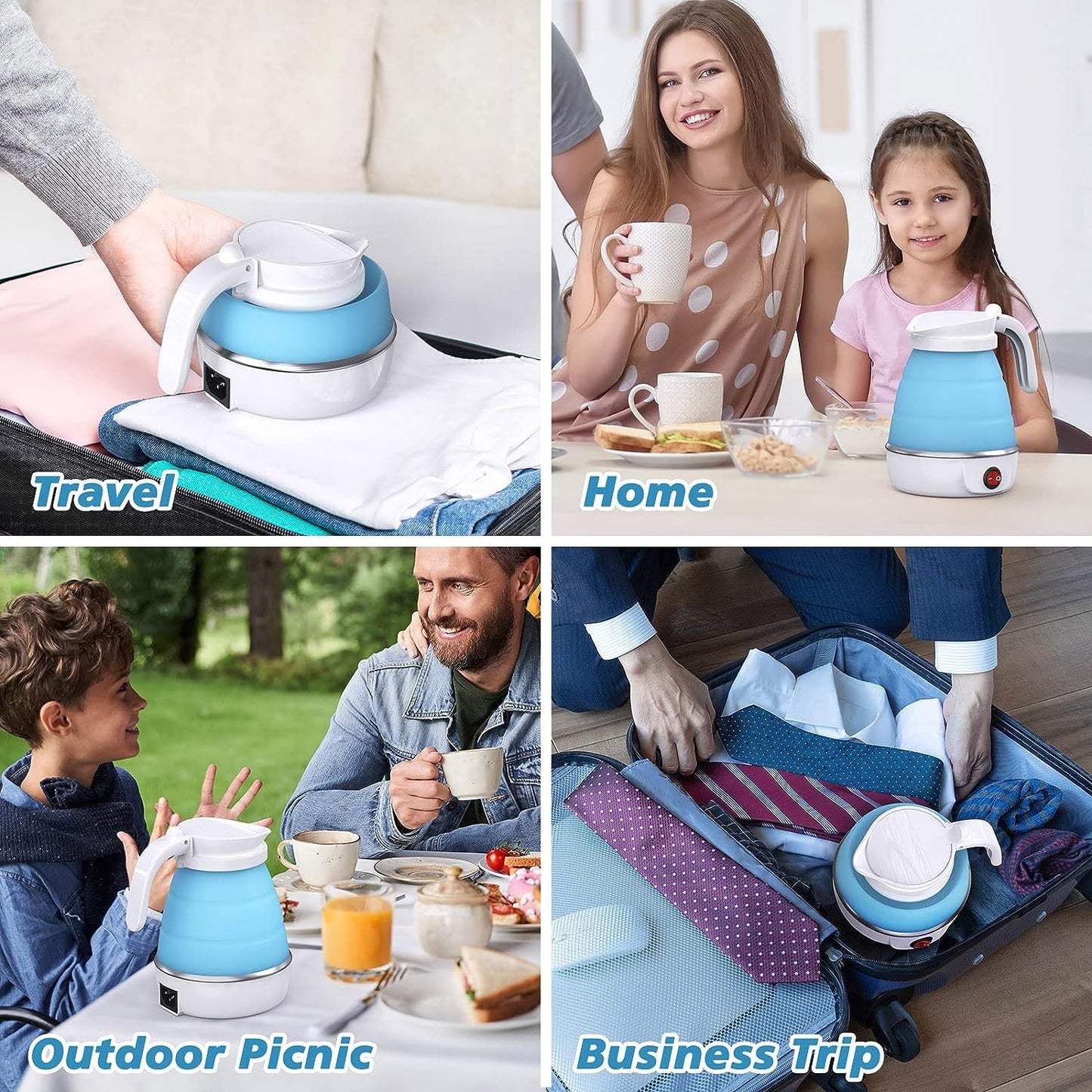 Bouilloire électrique pliable, bouilloire de camping, mini bouilloire de voyage, chaudière à eau électrique en silicone, bouilloire à thé, à café, bouilloire pliable avec cordon d'alimentation séparable pour randonnée en plein air, camping, bleu