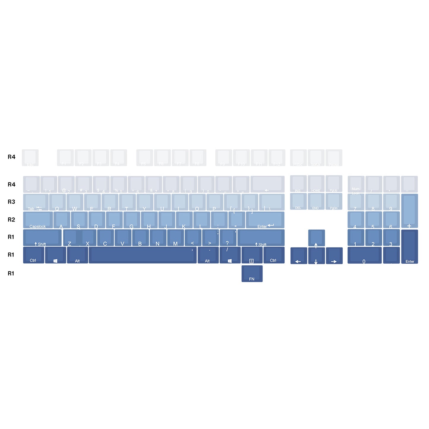 Teclas de teclado mecánico de transmisión de luz tallada frontal azul antiniebla