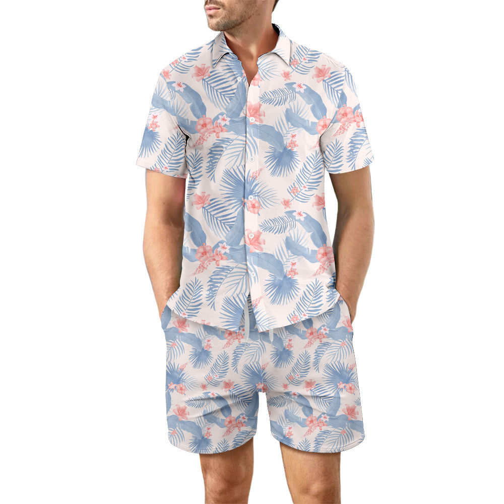 Camisa de playa estampada para hombre, traje de verano con solapa holgada, Top con botones y bolsillos con cordón, pantalones cortos, pantalón corto informal, trajes de manga, 2 uds.