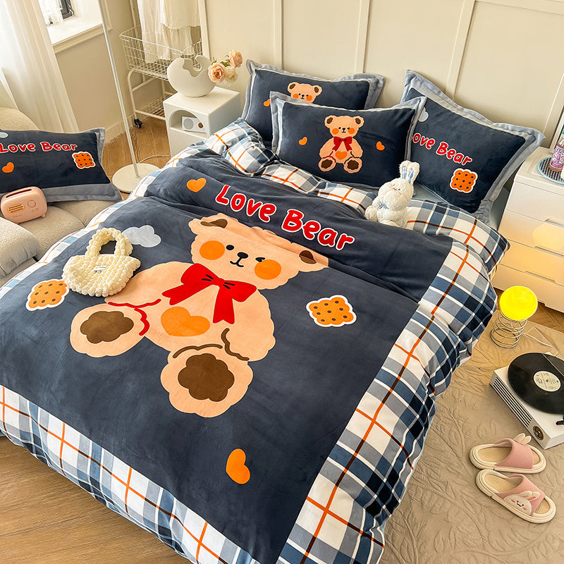 Thickened Cartoon Coral Velvet Bed With Four-piece Winter Milk Flannel Sheets