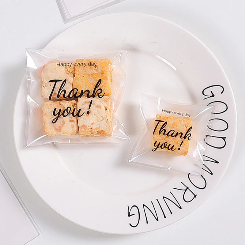 Sac en plastique de remerciement, 100 pièces, sac à biscuits de remerciement, sac à bonbons auto-adhésif pour mariage, fête d'anniversaire, sac cadeau, sac d'emballage de pâtisserie de biscuits