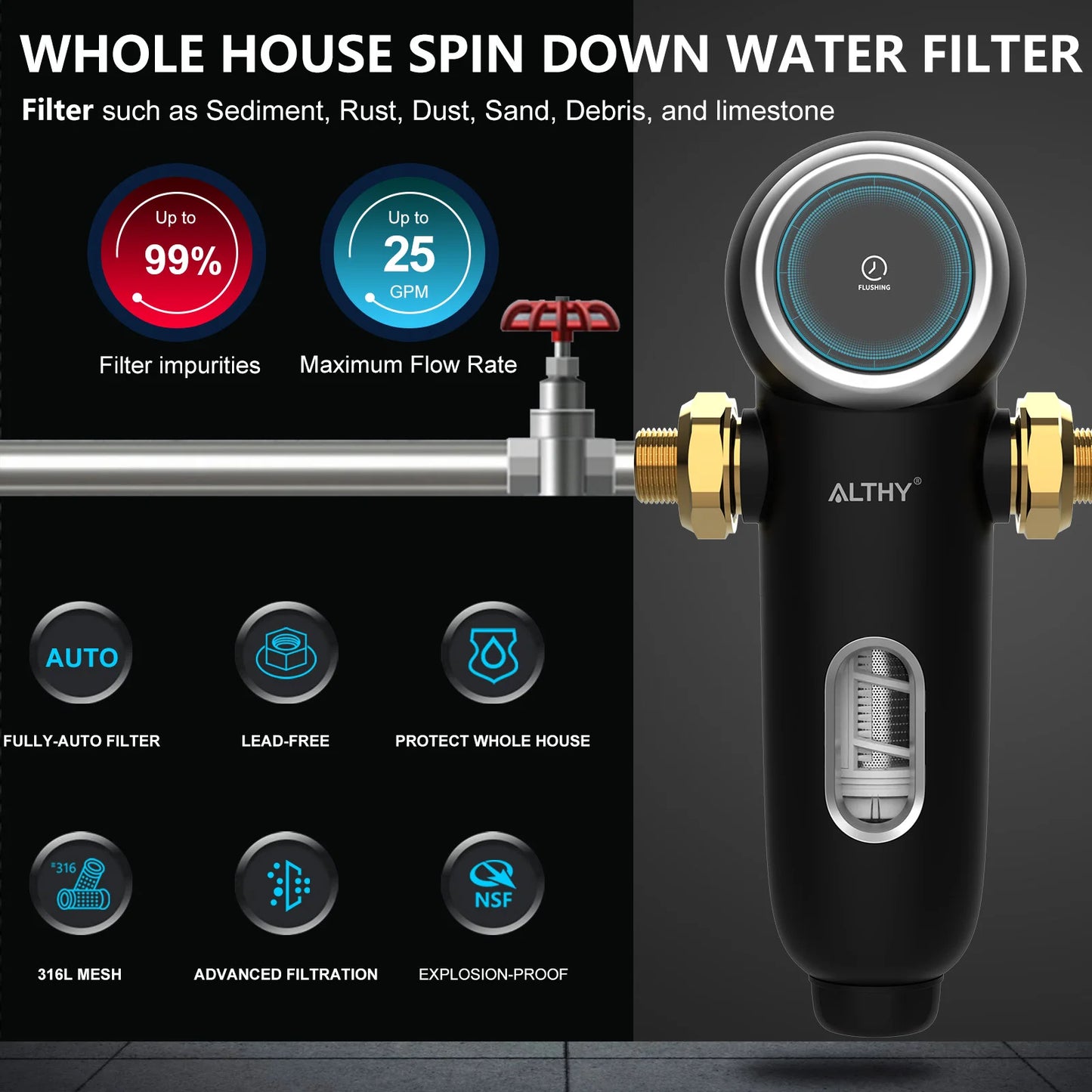 ALTHY – système de pré-filtrage rotatif automatique, pour toute la maison, purificateur de filtre à eau et sédiments, maille en acier inoxydable