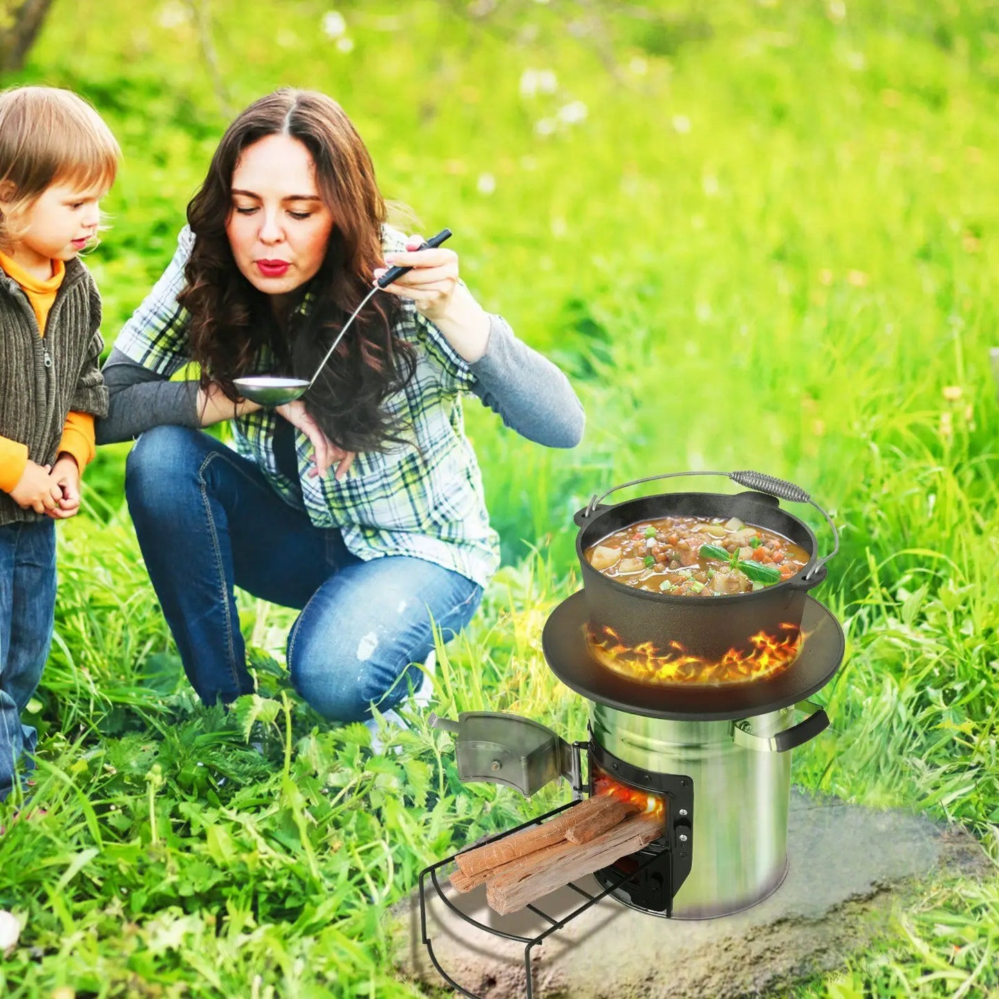 Portable BBQ Rocket Stove for Backpacking Hiking Picnic Windproof Camping Grill Camping Wood Stove with Carry Bag