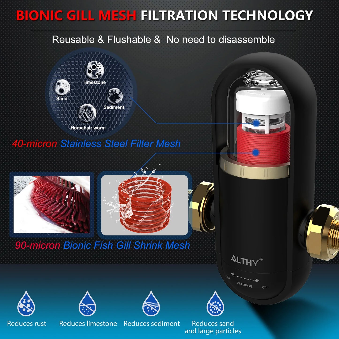 ALTHY PRE-U8 Bionic Gill + prefiltro de malla de acero inoxidable, purificador de filtro de agua de sedimentos giratorio para toda la casa, retrolavado