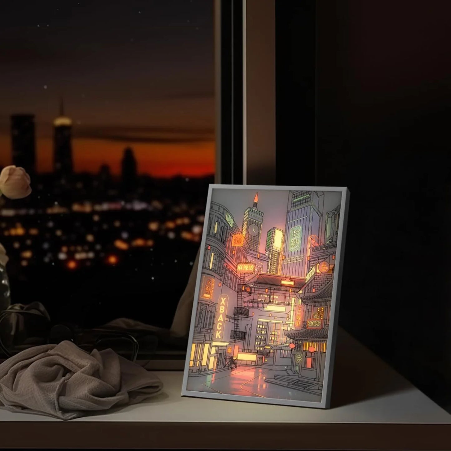 Pintura de luz LED de Anime con hermosa vista nocturna de ciudad, imagen HD, enchufe usb con bisel estrecho, atenuación, decoraciones románticas para el hogar, lámpara de noche