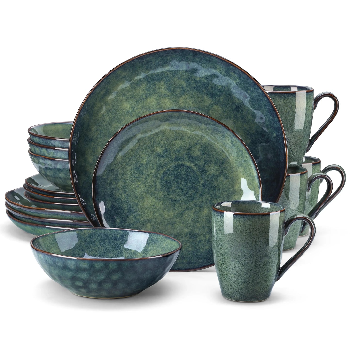 16/32/48-Piece VANCASSO Starry Green Dinnerware Set,Kiln Change Glaze Porcelain Tableware Set with Dinner/Dessert Plate,Bowl,Mug