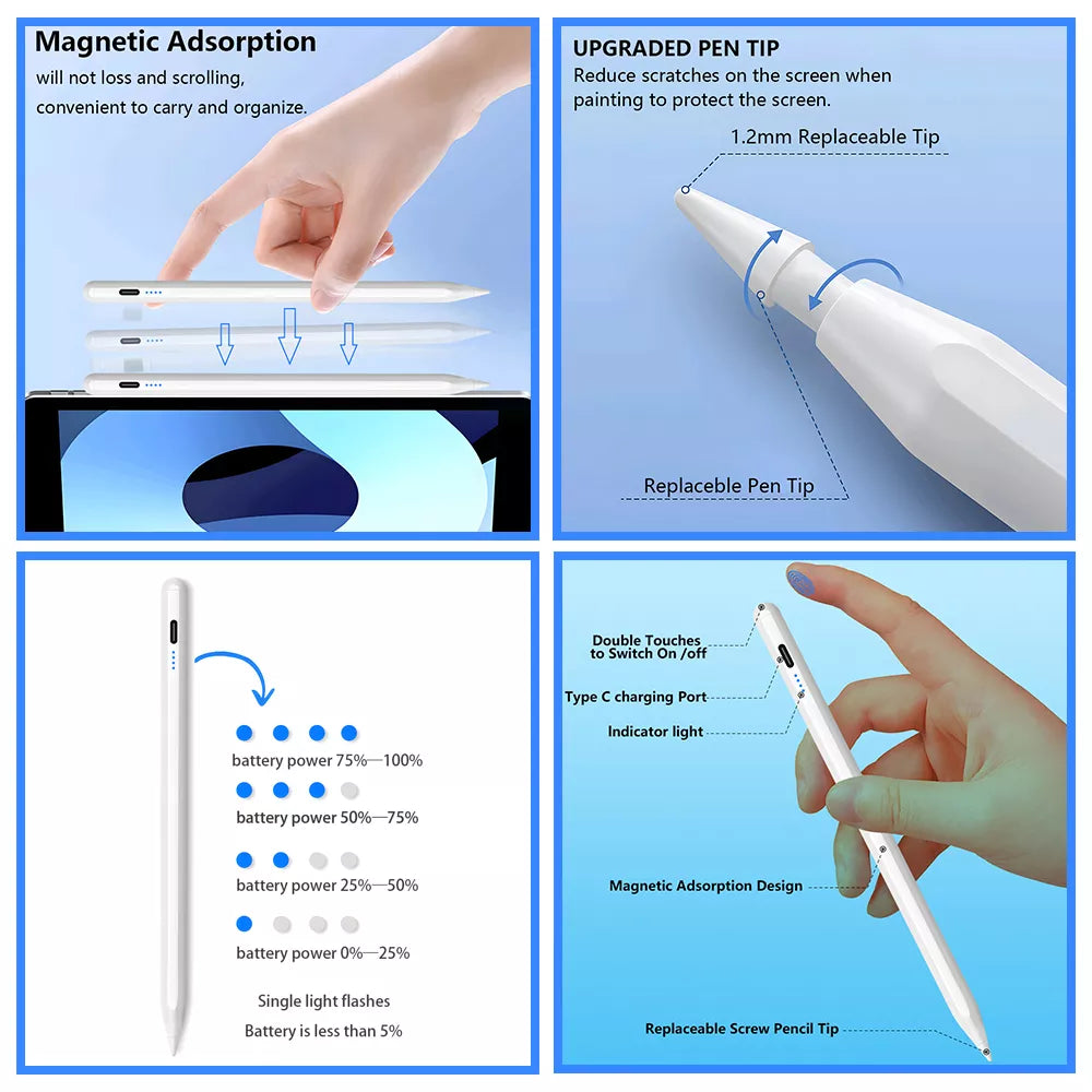 Stylo crayon à rejet de paume pour Apple, affichage de puissance, accessoires pour iPad 2022 2021 2020 2019 2018 Pro Air Mini stylet