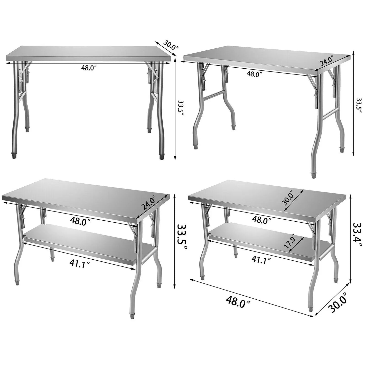 VEVOR Single/Double-Shelf Professional Stainless Steel Open Kitchen Folding Work Prep Tables Easy Storage for Home Commercial