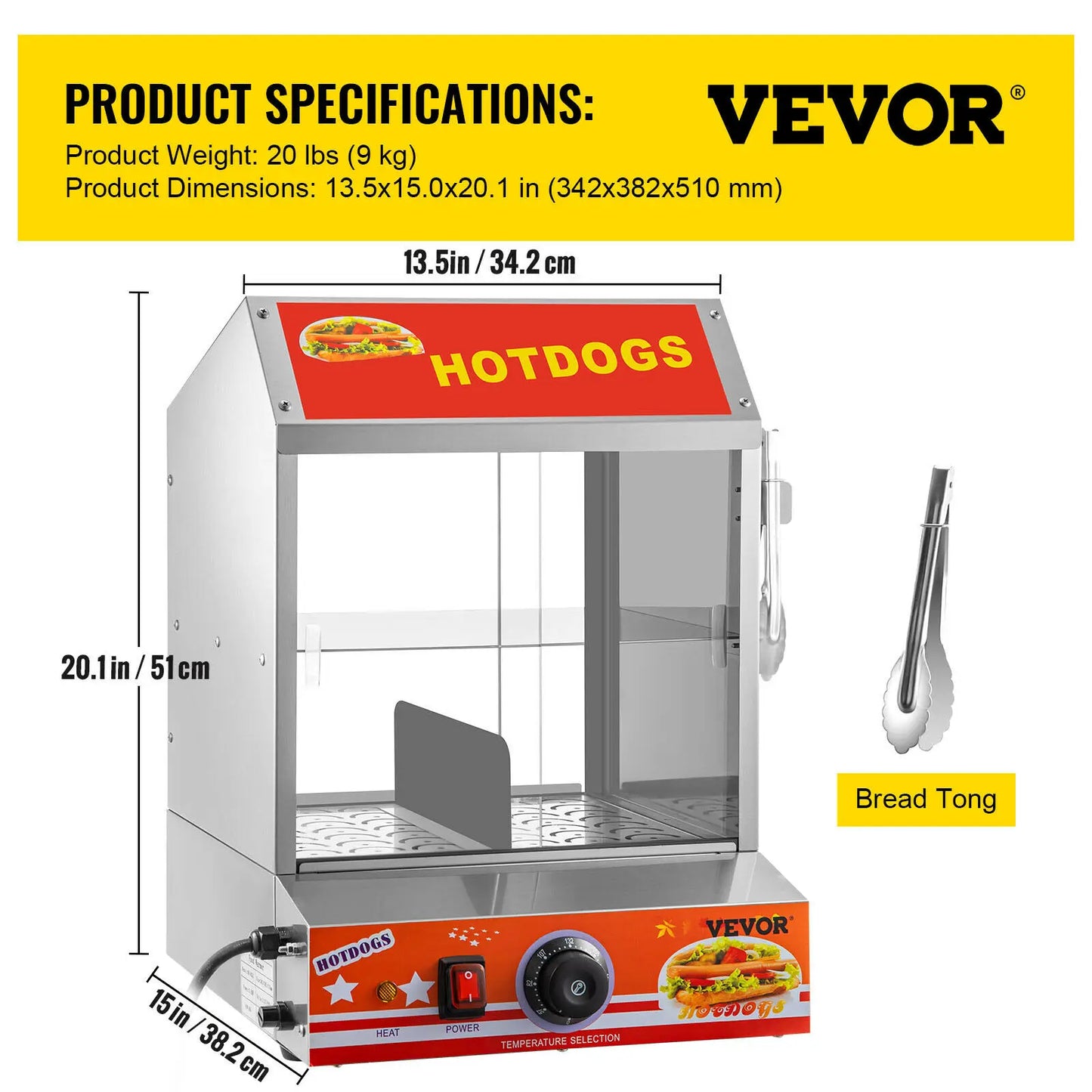 VEVOR 2-Tier Hot Dog Steamer Easy Cleaning Stainless Steel Spacious Electric Bun Warmer Cooker with Tempered Glass Slide Doors