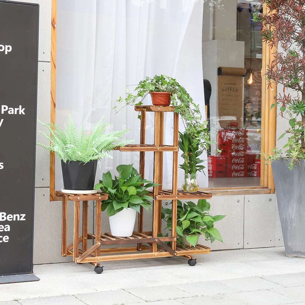 UNHO-soporte de madera para plantas con ruedas, estante de exhibición de flores para plantas rodantes multicapa, estante de almacenamiento móvil para interiores, soporte para exteriores